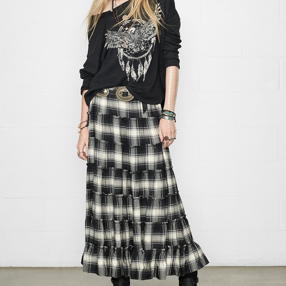 plaid and denim maxi skirt